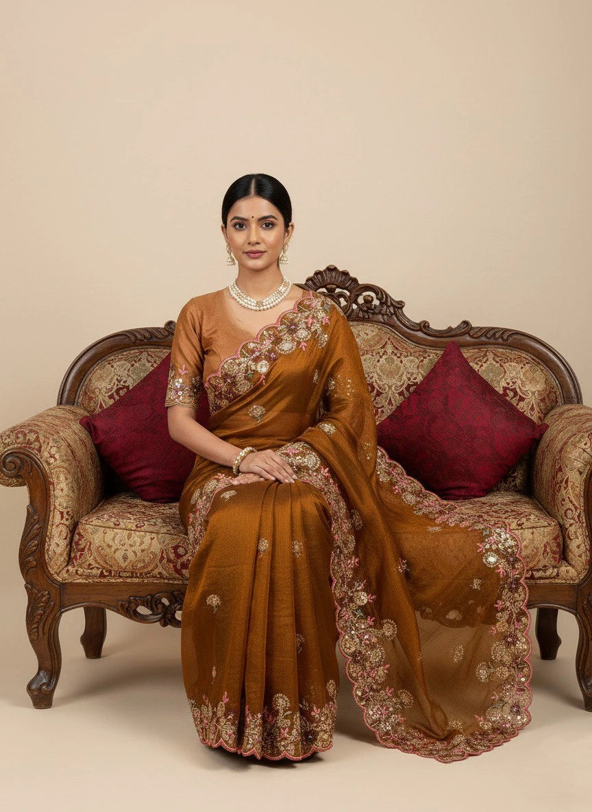 Woman in a brown saree sitting on an ornate couch with red cushions.